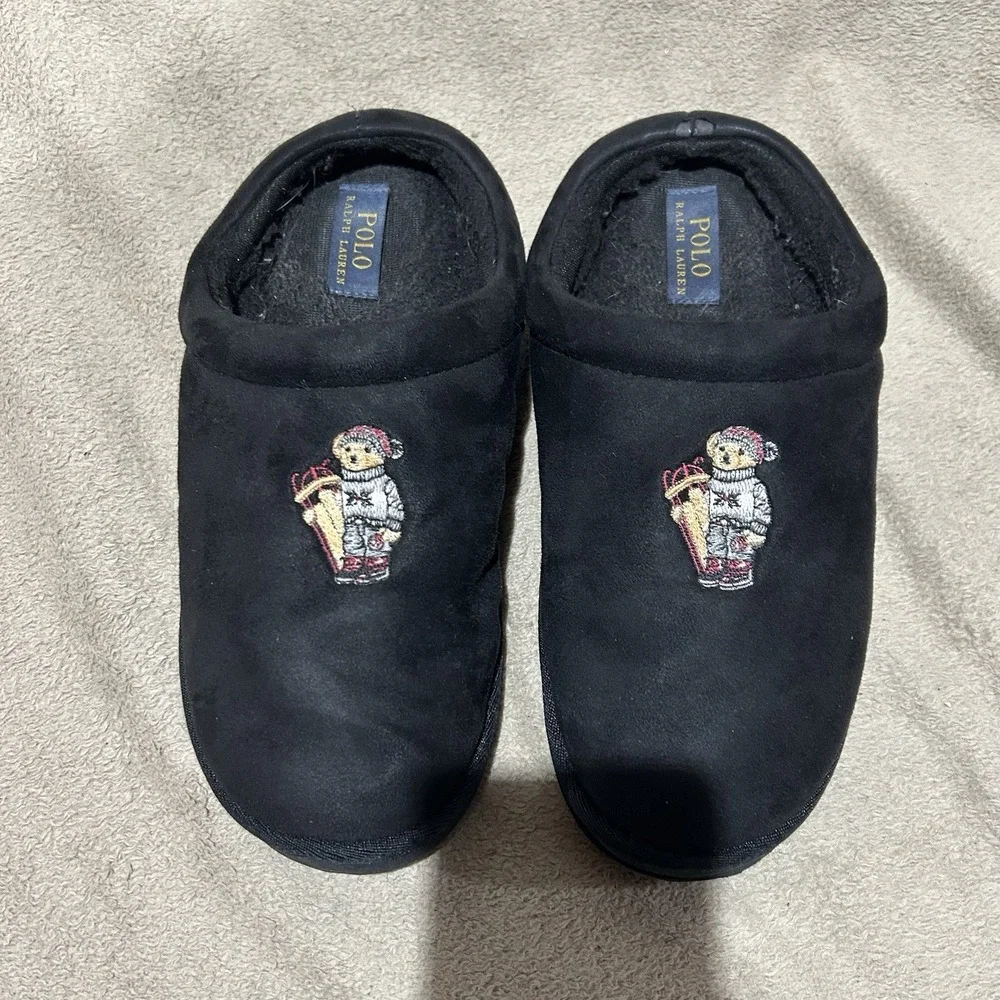 Polo Ralph Lauren Ski Bear Slippers Mens Size 8 Black Sled Scuff Faux Shearling